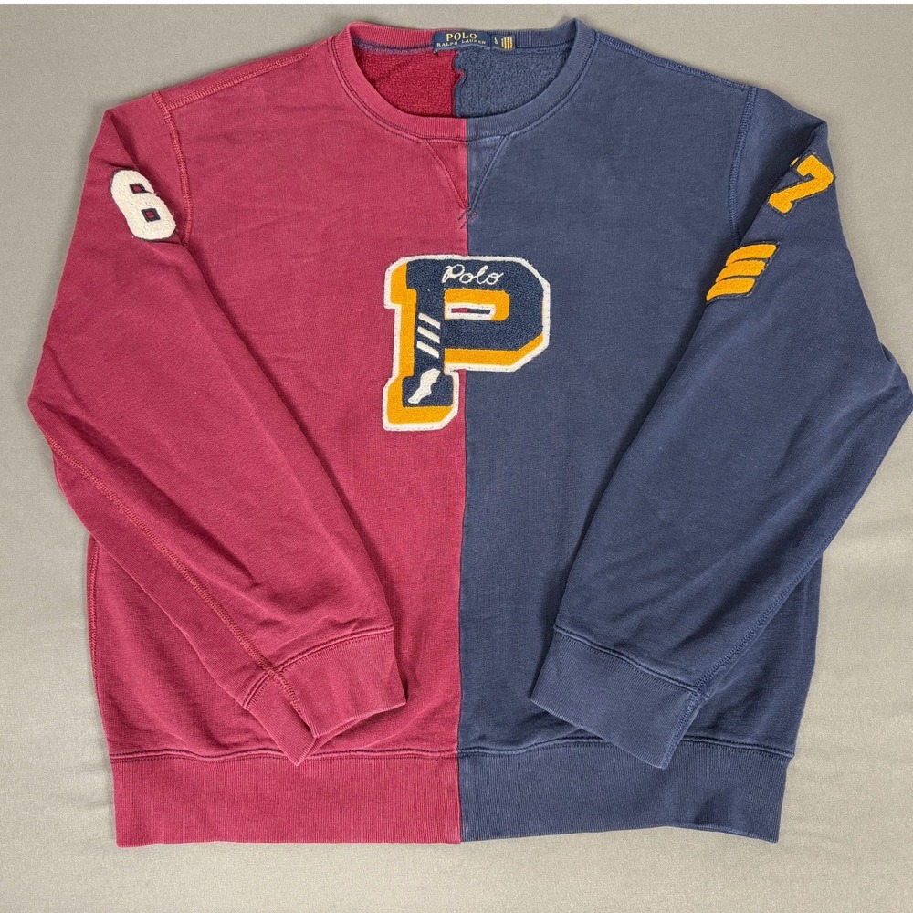 Polo Ralph Lauren P Wing Patch Varsity Colorblock Sweatshirt Mens Large Burgundy